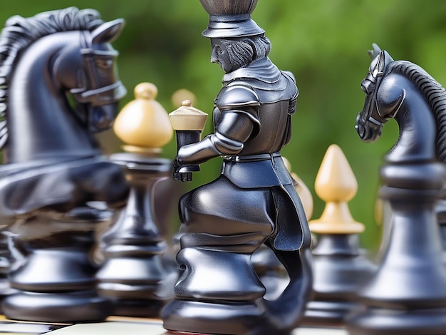 Photo close up chess knight and other chess pieces the day before yesterday