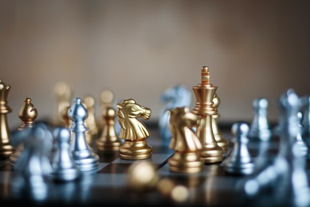 Photo close-up chess pieces on chess board