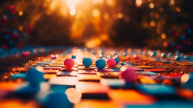 A close up of a chess set with colorful balls on it