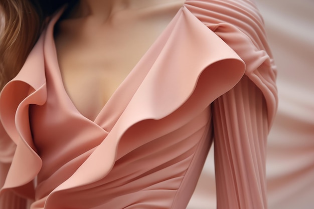 Близкая часть груди платье в трендном цвете персиковый пух 2024