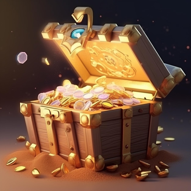 a close up of a chest with gold coins and a clock generative ai