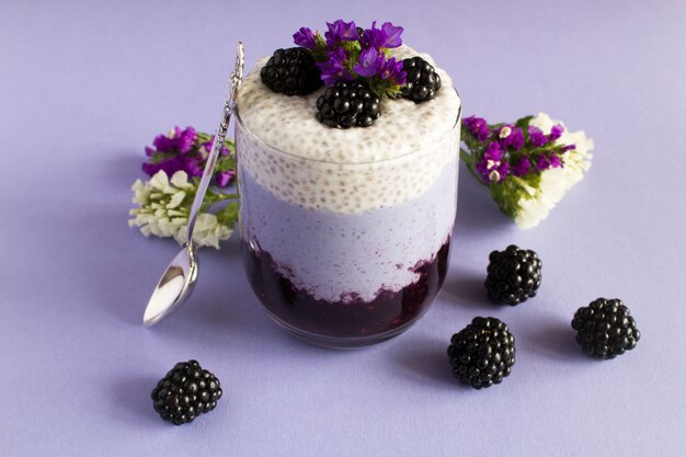 Close up on chia pudding with blackberry