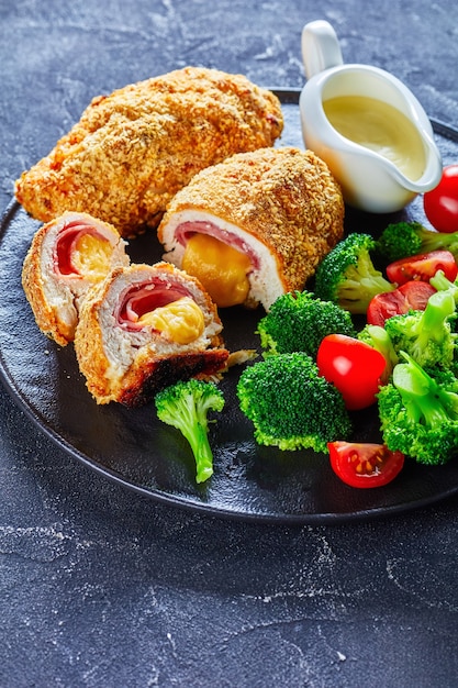 Close-up of Chicken Cordon Bleu and salad