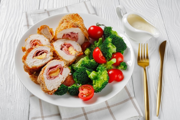 Close-up of Chicken Cordon Bleu on a white plate