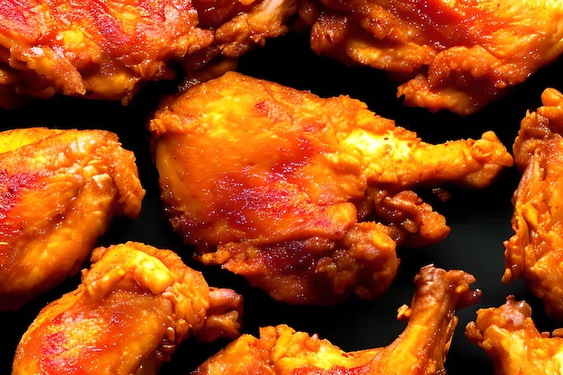 A close up of chicken drumsticks on a black tray