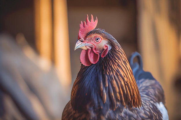 Close up of a chicken on a farm set against natural background