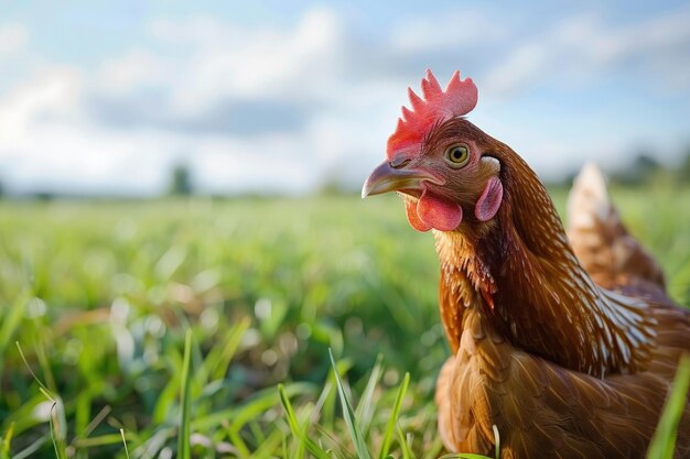 A close up of a chicken in the grass