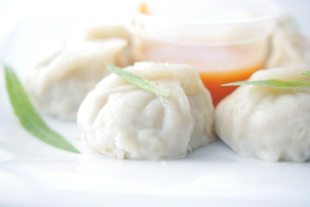 Close up of chicken momo dumpling on a plate