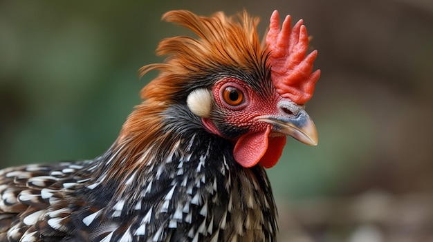 A close up of a chicken with red feathers and a yellow eye