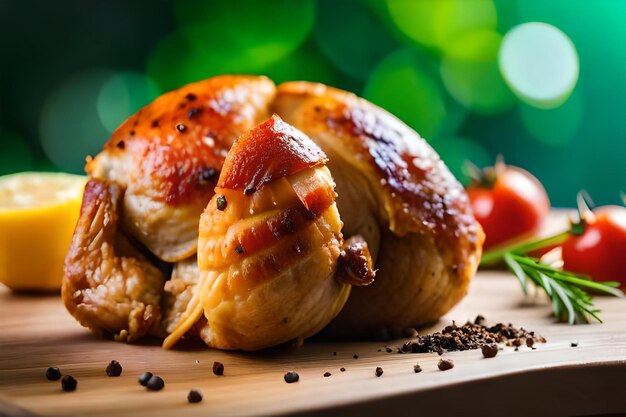 a close up of a chicken with spices and a tomato on the top