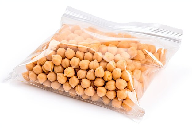 Close up of chickpeas in plastic packaging isolated on a white background