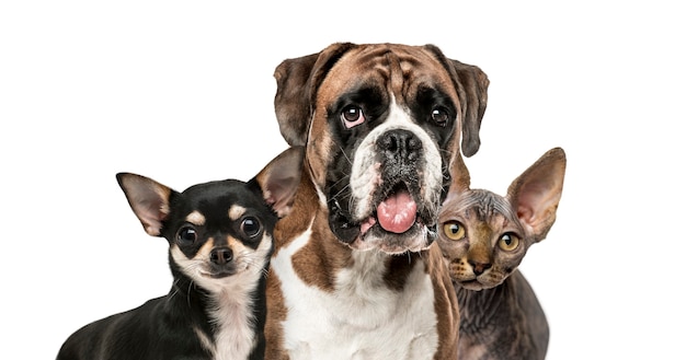 Close-up of chihuahua, boxer and sphynx