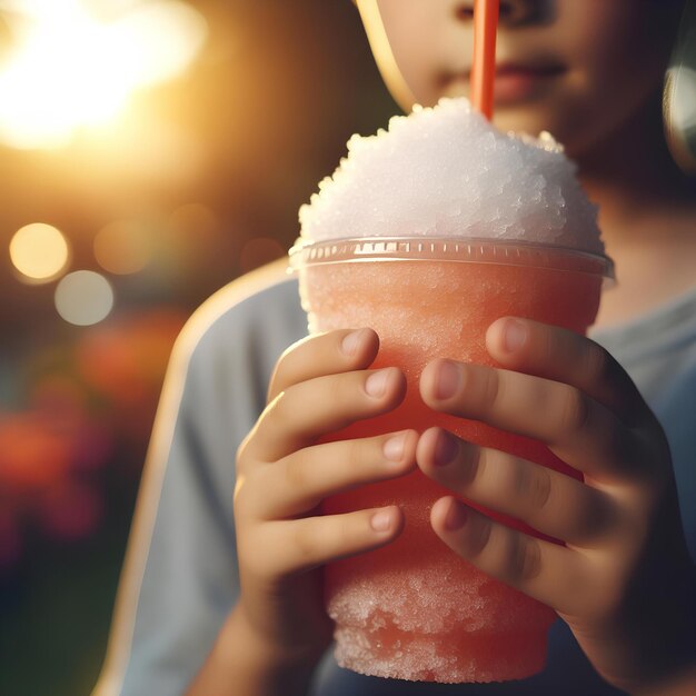 Close up of a child holding a cold slushy crushed ice drink