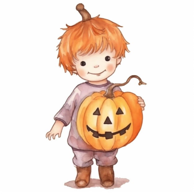 a close up of a child holding a pumpkin with a devil on it generative ai