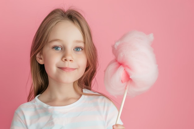 Close up of a child holding a stick with cotton candy