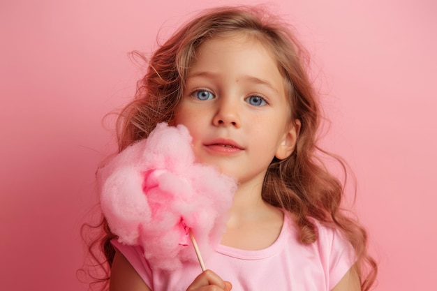 Close up of a child holding a stick with cotton candy