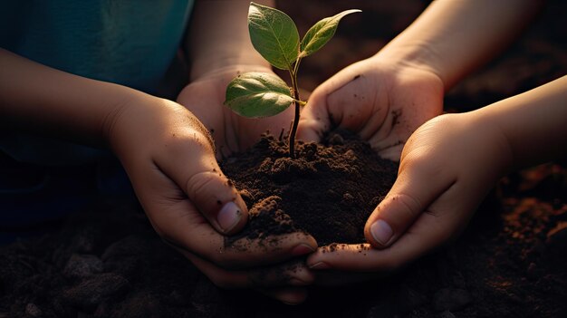 Photo close up of child's hands holding young plant with soil background earth day concept soil planting