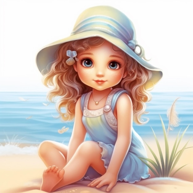 A close up of a child sitting on a beach with a hat generative ai