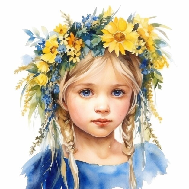 Photo a close up of a child wearing a flower crown on her head generative ai