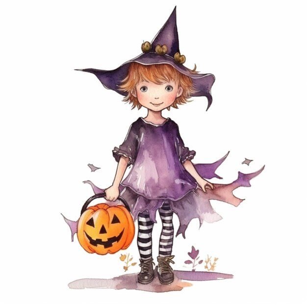 a close up of a child wearing a witch costume holding a pumpkin generative ai