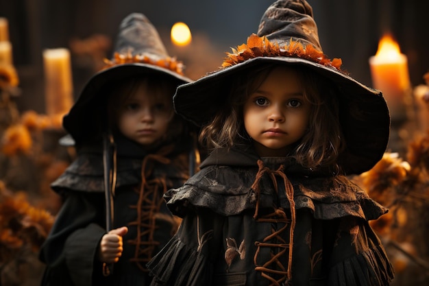 Close up children in witch costumes