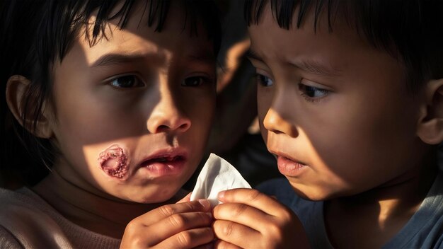 Close up children with aphtha on lip