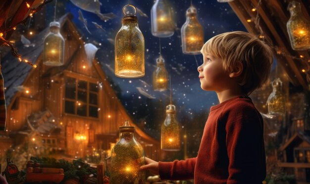 魔法のクリスマス ボールとうれしそうな表情を持つ子供たちの接写 クリスマス マジックのコンセプト イメージ