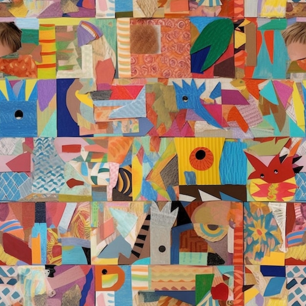 Foto un primo piano del viso di un bambino in un collage di pezzi di carta colorati