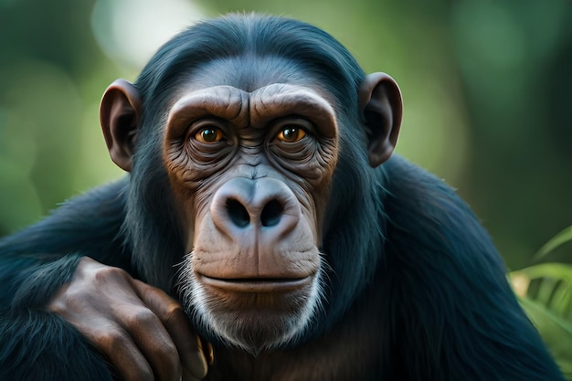 A close up of a chimpanzee looking at the camera