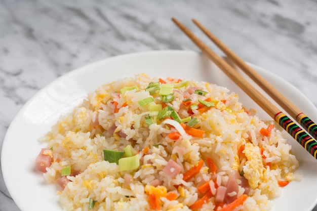 Close-up of Chinese rice three delicacies.