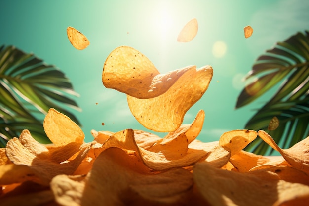 Photo close up chips levitate on a summer theme background