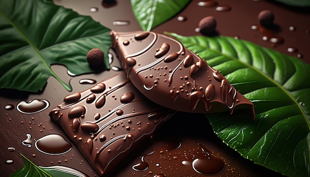 A close up of chocolate bars with green leaves on them