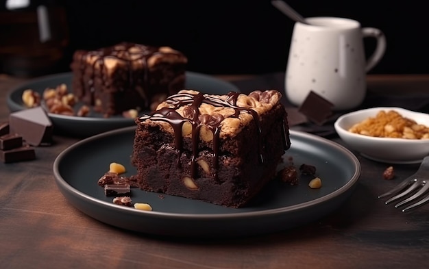 Photo a close up chocolate brownie on a cafe background sweet dessert bakery food ai generated