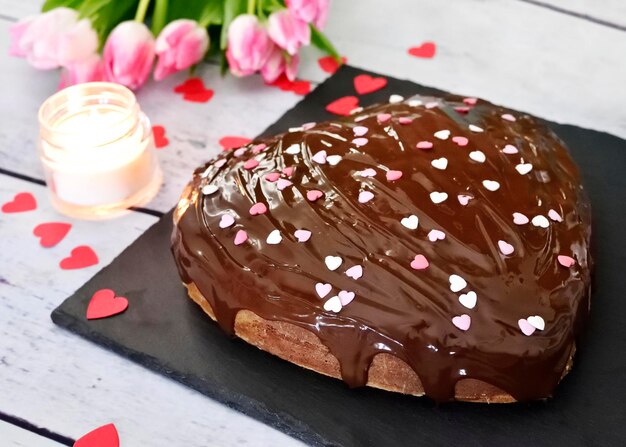 Photo close-up of chocolate cake on table