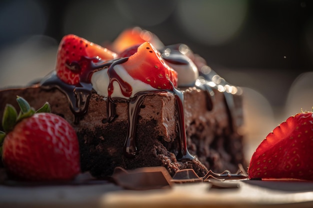 A close up of a chocolate cake with strawberries and cream