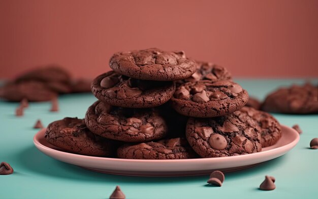 A close up chocolate cookies on a pastel background sweet dessert bakery food ai generated