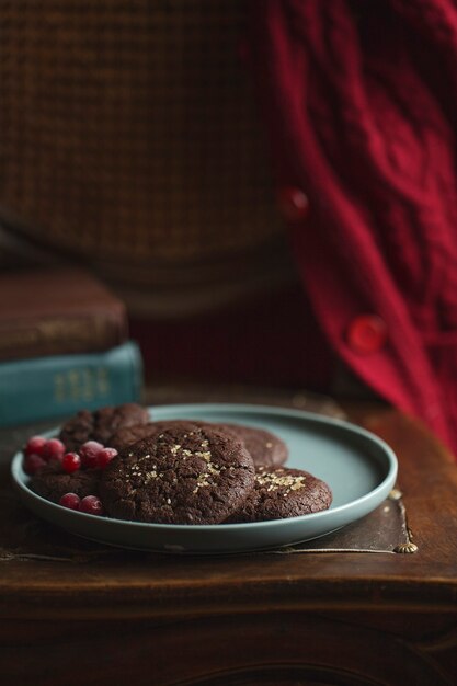 Close up on chocolate cookies on the plate