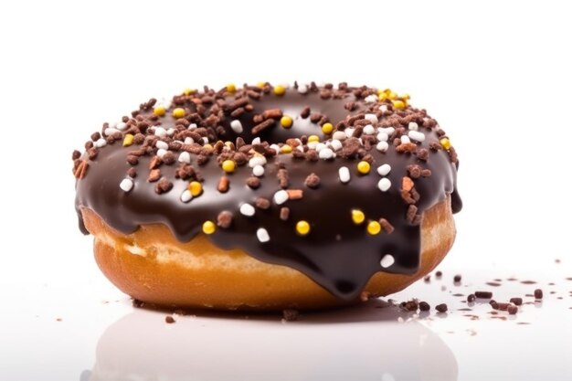 A close up of a chocolate donut isolated on a white background