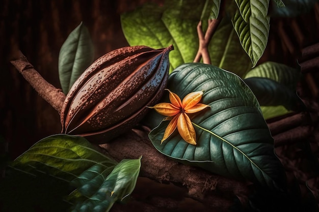 Foto un primo piano di una pianta di cioccolato con un fiore su di esso