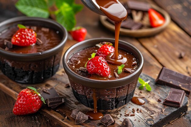 Close up of chocolate pudding being drizzled with caramel sauce