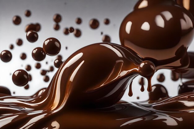 Close up of chocolate syrup pouring on a grey background with copy space