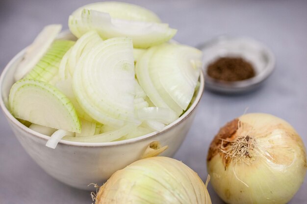 Close-up of chopped onions in bowl