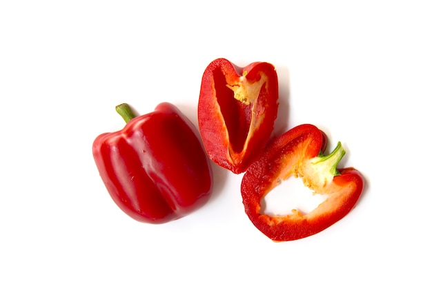 Close up chopped and slice red bell peppers isolated on white background