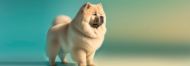 Close up of a Chow Chow dog with a Blue pastel background Dog fashion photo Generative AI