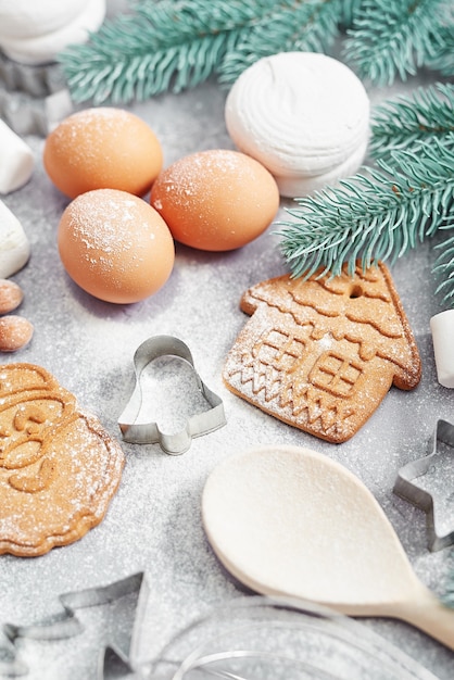 Close up christmas cookies with sugar powder