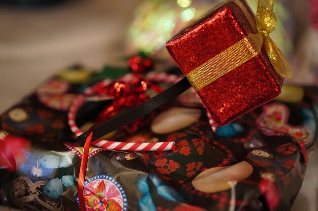 Photo close-up of christmas decoration in box