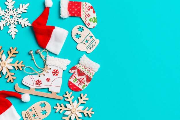 Close-up of christmas decorations over blue background