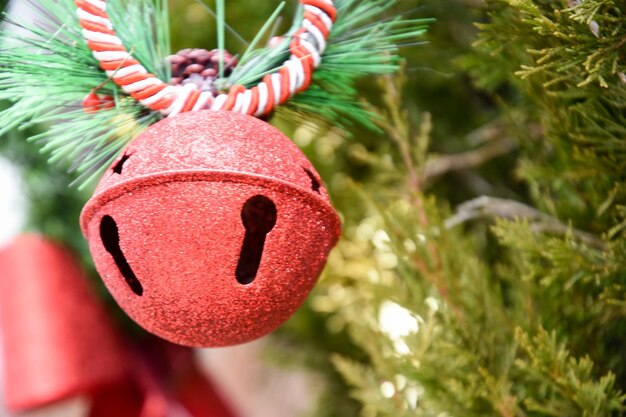 Close-up of christmas decorations hanging on tree