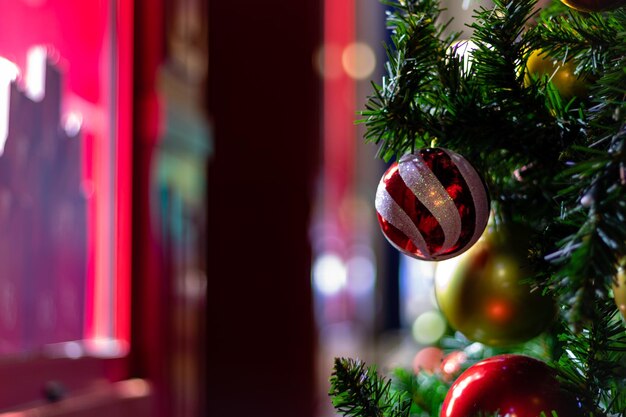 Close-up of christmas decorations hanging on tree