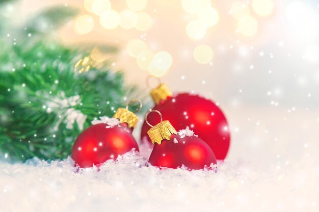 Close-up of christmas decorations on snow